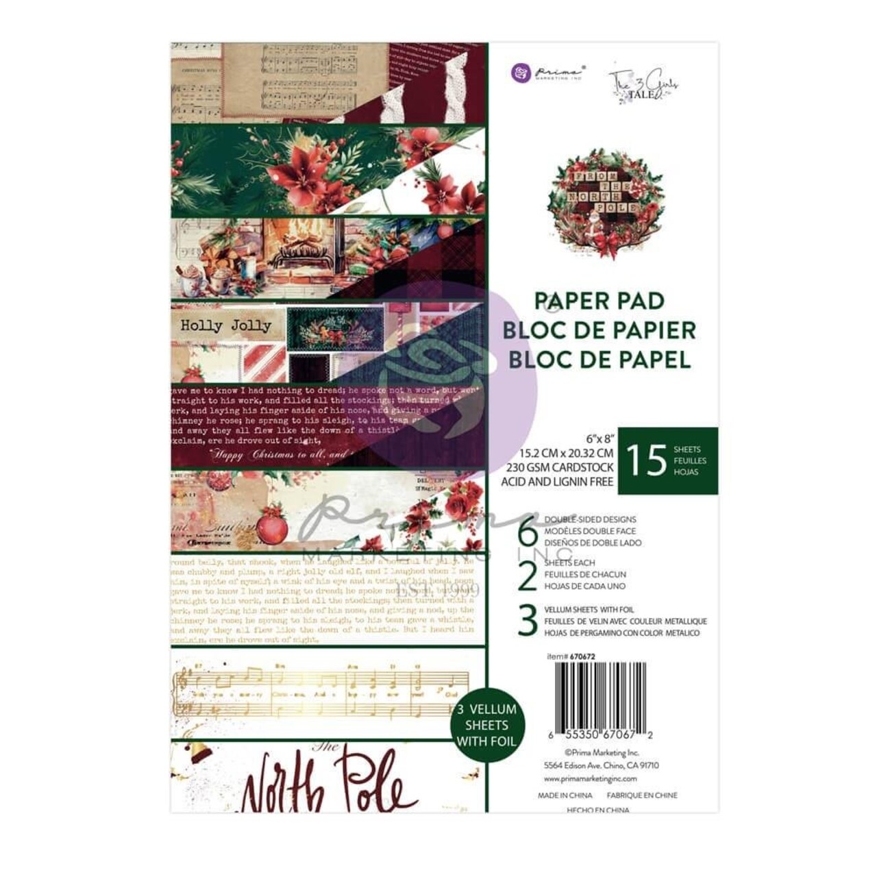 Prima Marketing From the North Pole Collection 6x8 Paper Pad - 15 sheets - 6 double-sided designs x 2 sheets each + 3 vellum sheets w/ foil / paper pad Paper 655350670672